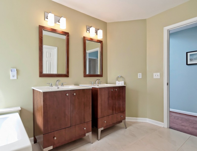 Bathroom with Brown Wood Base with Two Sinks