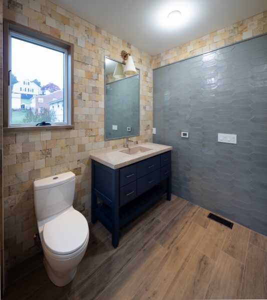 Powder Bathroom White Toilet Stone Sink Grey Tiled Wall
